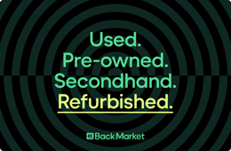A yellow and purple banner with the text "refurbished," "used," "pre-owned," and "second hands" in black font.