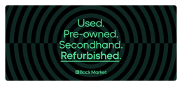 A yellow and purple banner with the text "refurbished," "used," "pre-owned," and "second hands" in black font.