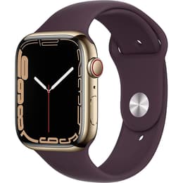 Apple Watch (Series 7) October 2021 - Cellular - 45 mm - Stainless steel Gold - Sport band Dark Cherry