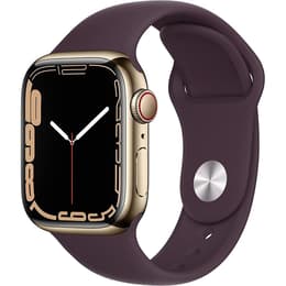 Apple Watch (Series 7) October 2021 - Cellular - 41 mm - Stainless steel Gold - Sport band Dark Cherry
