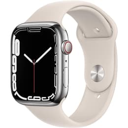 Apple Watch (Series 7) October 2021 - Cellular - 45 - Stainless steel Silver - Sport band White