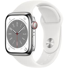 Apple Watch (Series 8) January 2021 - Cellular - 41 - Stainless steel Silver - Sport band White