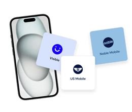 A smartphone alongside cards for the Visible, US Mobile, and Noble Mobile carrier plans