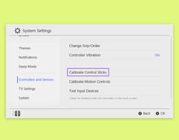 Nintendo Switch screen showing the controller settings menu with calibration options highlighted.