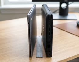 A Chromebook and a laptop held closed side by side, highlighting the difference in thinness.