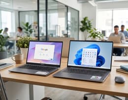 A Chromebook and a laptop open on a table next to each other