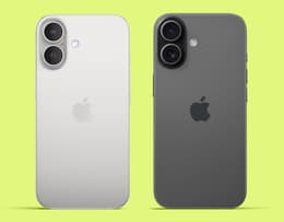 Picture of a base model iPhone 16 next to a base model iPhone 17