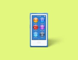 An image of the seventh-generation iPod nano showcasing its tall, slim design with a touchscreen, home button, and side buttons. 