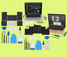 Collage of a MacBook Pro and MacBook Air with their battery replacement kits