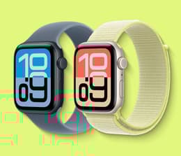 A collage of two Apple Watch SE 3 models in Starlight and Midnight colors.