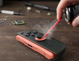 Hand holding a compressed air nozzle near the base of a Joy-Con joystick to remove dust.