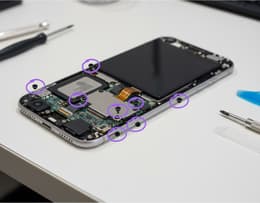 An iPhone with the screen lifted and the inside exposed with the screws of the connector shield highlighted