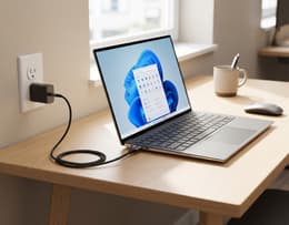 A laptop plugged into its charger.