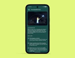 The Google Pixel 10a displaying an emergency satellite connection interface on the screen. 