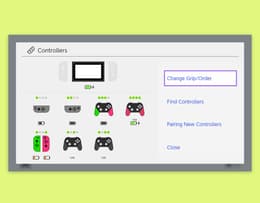 Nintendo Switch screen showing the Change Grip/Order screen while re-pairing Joy-Con controllers.