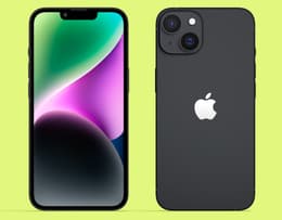 An iPhone 14 in Midnight shown from the front and back.