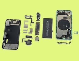 Close-up of the bottom of the inside of an iPhone showing the components
