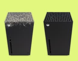 A side-by-side comparison of Xbox Series X vents, one clogged with dust and the other clean and clear.