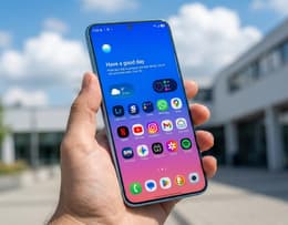 A hand holding the Galaxy S26, showing its front display.