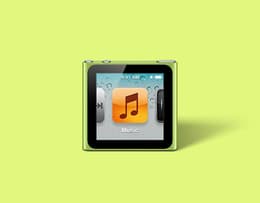 An image of the sixth-generation iPod nano showcasing its small, square design with a touchscreen and rear clip.
