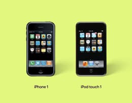 An image of the iPod touch first generation next to the original 2007 iPhone, highlighting their design similarities.
