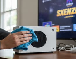 A person cleaning the exterior of an Xbox Series S console using a microfiber cloth
