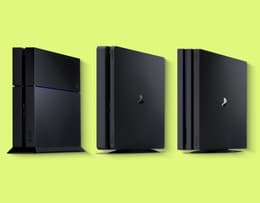 Original PS4, PS4 Slim, and PS4 Pro shown side by side for size comparison with labeled dimensions for each console.