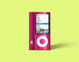 An image of the fifth-generation iPod nano showcasing its slim design, large screen, and built-in camera at the back.