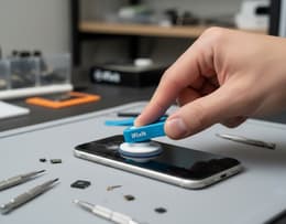 Image of a person attaching an iFixit suction handle to an iPhone display