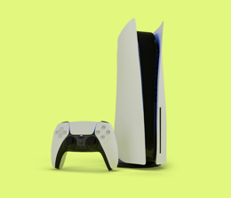 A PS5 controller and console on a mindaro background
