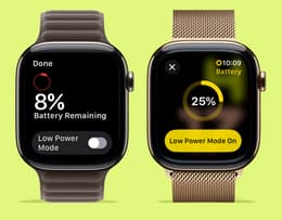 The Apple Watch Series 11 and Series 10 side by side, with Series 11 at 25% battery and Series 10 showing a low battery warning. 