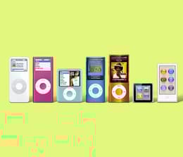 All seven generations of the iPod nano from 2005 to 2012, arranged side by side to showcase their evolution.
