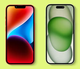 iPhone 14 and iPhone 15 smartphones compared side by side. 