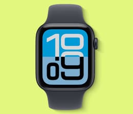 A flat view of the front of the Apple Watch SE 3 in Midnight.