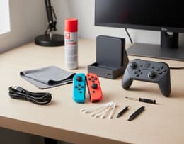 Assorted tools for fixing a Nintendo Switch controller, including cotton swabs, USB-C cable, dock, compressed air, and microfiber cloth neatly arranged.