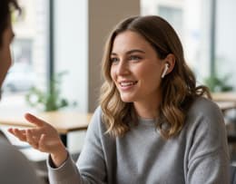 An image of someone wearing the Apple AirPods Pro 3 while talking to someone.