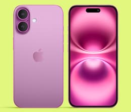 The Apple iPhone 16 shown from the front and back, showing the display and dual-camera design. 