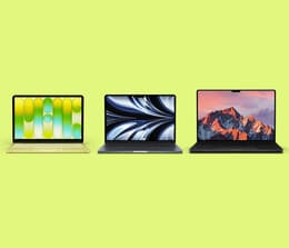 MacBook Neo, MacBook Air, and MacBook Pro laptops shown side by side, showing differences in size and design.