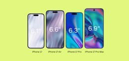 All four iPhone 17 models (2025) lined up, showcasing design and size differences.