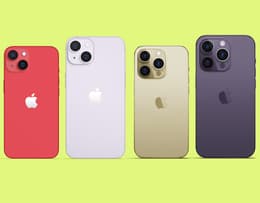 An iPhone 14, iPhone 14 Plus, iPhone 14 Pro, and iPhone 14 Pro Max side by side