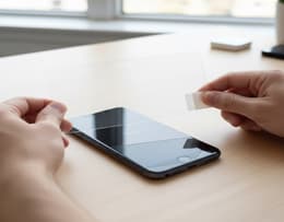 Image of someone placing adhesive tape on an iPhone screen.