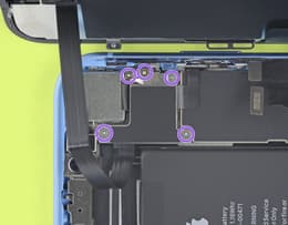 iPhone open with connectors and screws that need to be reconnected highlighted