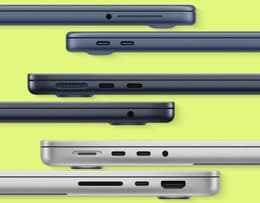 MacBook Neo, MacBook Air, and MacBook Pro side-by-side comparison of port layouts and connectivity options.