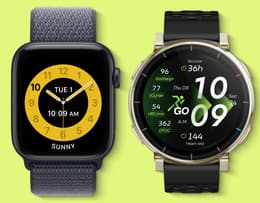 Side-by-side image showing the Apple Watch SE 3 and Amazfit Active 3 Premium smartwatches.