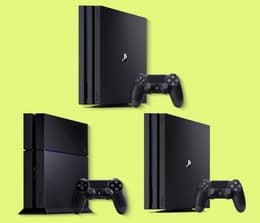 The original PS4, PS4 Slim, and PS4 Pro consoles are displayed side by side for comparison.