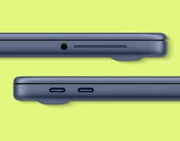 Side view of the MacBook Neo showing two USB-C ports on the edge of the laptop.