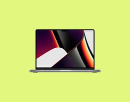 An Apple MacBook Pro (14-Inch, M1 Pro, 2021) open with colors showing on the screen.