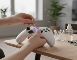 A person using a cotton swab to clean around an Xbox controller’s thumbstick with arrows indicating a circular motion